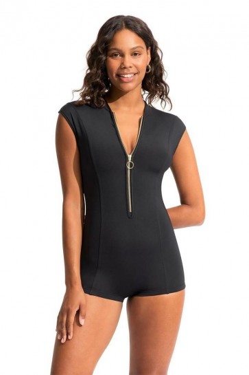 Seafolly  בגד ים שלם מחטב מכנסון עם שרוולונים