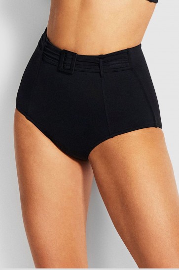 Pintucked ביקיני תחתון  שחור גזרה גבוהה עם חגורה