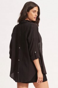 Beach חולצת חוף מכותנה עם שרוולים שחורה 