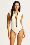 Seafolly שלם שמנת מחטב עם שרוולים וסגירת רוכסן